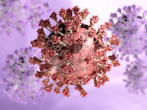 Virus variant, coronavirus, spike protein. Omicron. Covid-19 seen under the microscope