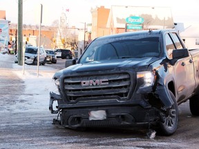 The Upper Ottawa Valley detachment of the Ontario Provincial Police has charged the driver of the pick-up truck which was involved in a two-vehicle collision Monday morning on Pembroke Street East near John Street. The truck is seen here at the intersection of Maple Avenue.