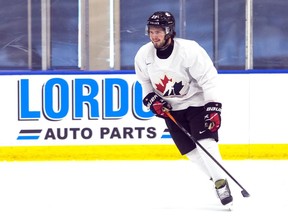 Mason McTavish has been named to Canada's men's Olympic hockey team for the Beijing Olympics. He is seen here skating during a Team Canada practice ahead of the 2022 IIHF World Junior Championship at the Downtown Community Arena at Rogers Place in Edmonton, on Wednesday, Dec. 22, 2021.