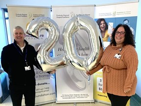 The Pembroke Regional Hospital Foundation is marking its 20th anniversary this year. Celebrating the milestone are executive director Roger Martin and community fundraising specialist Leigh Costello.