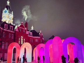 Australia's Sky Castle – an interactive light and sound display developed in Melbourne –illuminating Stratford's Market Square during the citys winter light festival last year. (Photo courtesy Zac Gribble)