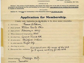 Thomas Edison's application to the Old Time Telegaphers' and Historical Association. (Stratford-Perth Archives)