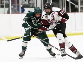 Chatham Maroons' Cameron Graham, right, and St. Marys Lincolns' Myles Baker battle for the puck in the first period at Chatham Memorial Arena earlier this season.