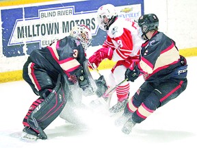 Blind River Beavers goalie Jamie Disano, in Northern Ontario Jr. Hockey League action versus the Elliot Lake Red Wings. Disano is a Sault Ste. Marie product. NOJHL.COM