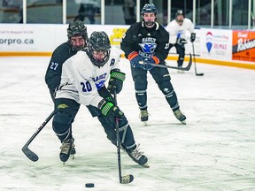 SAULT COLLEGE OUTDOOR HOCKEY Noah Boman (20) leads a group of Sault College Cougars men's hockey team players at a recent outdoor practice at "The Rink' at the Canal District. BOB DAVIES