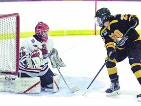 Soo Eagles of the Northern Ontario Jr. Hockey League, in recent inter-league action with the Wisconsin Lumberjacks of the Superior International Jr. Hockey League. The Eagles scored back-to-back wins over Wisconsin at Pullar Stadium in the Michigan Soo. ROB HORN