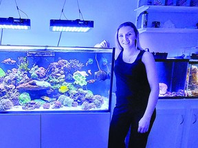 Sonja Tondr poses with her saltwater fishtanks.