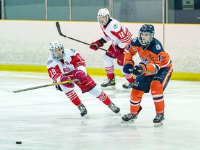 Tyson Doucette (right) of the Soo Thunderbirds is a top power play scorer in the Northern Ontario Jr. Hockey League. BOB DAVIES