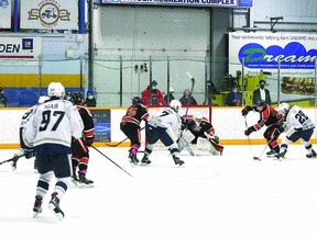 Dryden Ice Dogs and Kam River Fighting Walleye, in SIJHL action from the first segment of the 2021-2022  season. KERRI-ANN KANCERUK