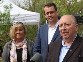 Sarnia-Lambton MPP Bob Bailey is shown in this file photo speaking in 2019 in Lambton Shores. Standing behind him is Monte McNaughton, MPP for Lambton-Kent-Middlesex, and Cynthia Cook.