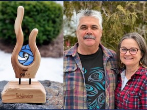Artists Tim and Kim Eberle are shown with one of the Sarnia-Lambton Chamber of Commerce 2021 Ontario Business Achievement Awards trophies they handmade.