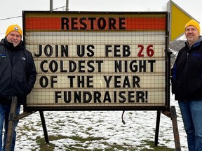 David Waters, left, CEO of Habitat for Humanity Sarnia-Lambton, and Donald Haagsma, president of the charity's board, wear signature yellow toques for the Coldest Night of the Year fundraising walk. Habitat for Humanity is holding a walk Feb. 26 in Sarnia to raise funds for its affordable homebuilding projects.