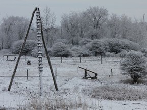 A three-pole derrick marks the spot on Fairbank Oil Fields property that the Shaw gusher was first dug in 1862. (Submitted)