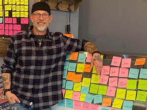 Brian Vickery with Vicks Corner Deli poses with some of the sticky notes in the downtown shop symbolizing pre-paid meals for people in need. The number of people using the program since it started Jan. 7 has grown to 20 to 30 per day, he said. (Submitted)