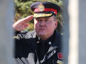 Sarnia Police Chief Norm Hansen has announced he'll retire June 1. Hansen has been with the Sarnia Police Service since 1985. He's pictured here at the 2021 National Indigenous Veterans Day remembrance service at the Aamjiwnaang First Nation cenotaph. (Paul Morden/ The Observer)