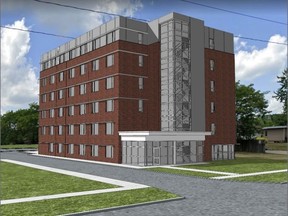 Sarnia city council has approved rezoning for a proposed six-storey, 46-unit apartment building at 1299-1331 Murphy Rd. Half the units would be affordable and geared to women over 60, proponents say. (Illustration via Wellington Ridge Developments)