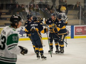 The Spruce Grove Saints split a pair of games with the Drayton Valley Thunder this past weekend. Submitted Photo, Aaron Grimaldo, Absentlight Photography.