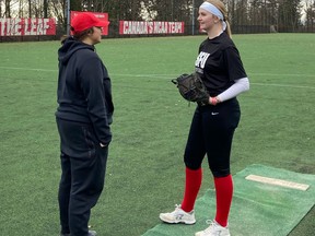 Tina Andreana (left) head coach of the Simon Fraser University women's softball team chats with Makayla Benz of Simcoe. Benz recently joined the SFU team and is looking forward to the start of the season in mid-February. CONTRIBUTED PHOTO