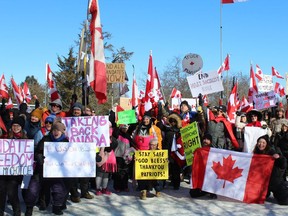 Several hundred people turned out on Saturday, Jan.  29 at Simcoe's Wellington Park to protest in solidarity with a convoy of truckers and others opposed to cross-border vaccine mandates and other public health restrictions who held a rally at the same time on Parliament Hill.  MICHELLE RUBY/POSTMEDIA