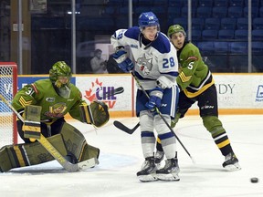 Goaltender Dom DiVincentiis and Tnias Mathurin of the North Bay Battalion are on the alert as Marc Boudreau of the visiting Sudbury Wolves looks for a scoring chance in their Ontario Hockey League game Thursday night. The Battalion visits the Barrie Colts on Saturday. Sean Ryan/Supplied