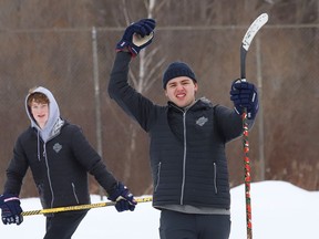 Players from the French River Rapids take part in a scrimmage on the outdoor rink at the Noelville Community Centre on Friday January 21, 2022. John Lappa/Sudbury Star/Postmedia Network