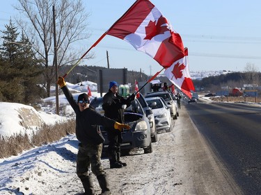 Navin Ayles was on hand to show his support for Freedom Convoy 2022 as it passed through Sudbury, Ont. on Friday January 28, 2022. John Lappa/Sudbury Star/Postmedia Network