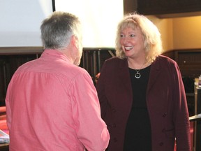 Carl Hnatyshyn/Sarnia This WeekSarnia-Lambton MP Marilyn Gladu speaks to an audience member following her presentation on medical assistance at the Central Forum speaker series in early 2020. File photo/Sarnia This Week