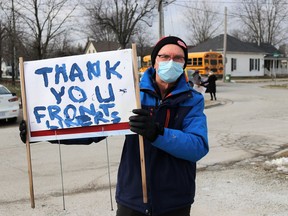 Petrolia resident Bob Newman made a sign showing his support of local health care workers on Jan. 18. Carl Hnatyshyn/Sarnia This Week