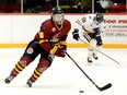 Timmins Rock blue-liner Cameron Dutkiewicz, shown here in action against the French River Rapids during a game at the McIntyre Arena on Dec. 3, has been named the NOJHL's Defenceman of the Month for December. Dutkiewicz, who is tied for the NOJHL lead in points among blue-liners, scored six markers during a four-game goal-scoring streak to end 2021. THOMAS PERRY/THE DAILY PRESS