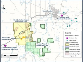 This map, provided by Galleon Gold Corp., shows the location of the West Cache Gold Project in relation to the City of Timmins.

Supplied