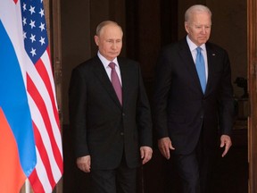 U.S. President Joe Biden and Russian President Vladimir Putin arrive for the U.S.-Russia summit at Villa La Grange in Geneva, Switzerland June 16, 2021. Further talks between the sides this month have not led to progress on Ukraine.