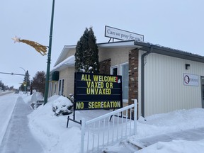 A sign outside of a church in Melfort that reads "All welcome, vaxed or unvaxed. No segregation." Omar Sherif / Postmedia