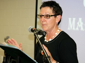 Hockey legend and Wallaceburg-area native Marian Coveny speaks during her retirement ceremony at Loyola Catholic Secondary School in Mississauga on June 11, 2009. Supplied