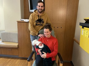Perry William Tod, Woodstock Hospital's first baby of 2022, is shown with proud parents Camelia and Adrian Tod of Woodstock. Perry was born at 12:12 a.m. on Jan. 1 and has since gone home with his parents to meet his two older brothers, who were eagerly awaiting him.
(Submitted photo)