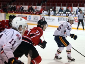 Nick Porco (No. 37) was the only player added by the Owen Sound Attack this year during the trade deadline rush. The overage winger was sent from Barrie in exchange for a 2022 fifth-round pick and a 2023 12th-round pick. Greg Cowan/The Sun Times