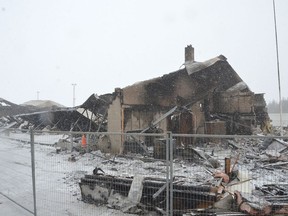 The burned out remains of the Hepworth Shallow Lake Legion branch in Hepworth, Ontario, on Saturday, January 22, 2022, a day after it was destroyed by fire.