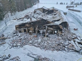 An aerial view of the remains of the Hepworth Shallow Lake legion building, which was also home to the Bruce Grey Music Hall of Fame, is seen in the days after fire destroyed the structure Jan. 21.
(photo courtesy @GreyBruceDrone)