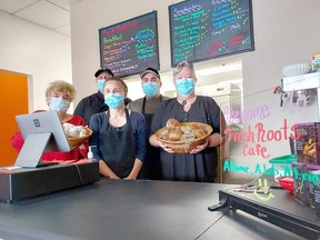 The Canadian Mental Health Association Grey Bruce's Fresh Roots Cafe is now open at its location in downtown Owen Sound. Pictured in the cafe on Tuesday, February 1, 2022, are, from left, Nancy Morris, Trevor Schwandt, Courtney Brull, James Kowalski, and Teresa Pearson. The cafe is open seven days a week from 7:30 a.m. to 2 p.m.
