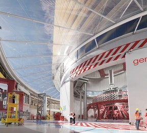 A rendering of the interior of the General Fusion demonstration plant being built at the UK Atomic Energy Authority's Culham Center for Fusion Energy near London, UK.