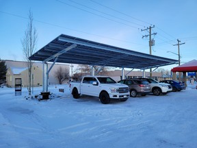 The City of Leduc's solar carport at 49 St. and 49 Ave. is almost installed, and will begin generating electricity as soon as electrical work is completed. (Dillon Giancola)