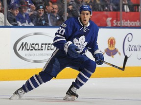 Frank Corrado plays for the Toronto Maple Leafs against the New York Rangers during an NHL game at the Air Canada Centre in Toronto, Ontario, on January 19, 2017.