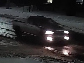 Greater Sudbury Police are still looking for the driver of a Dodge Ram pickup, captured here on video, that was involved in a fatal hit and run on Monday. The front grille, described as a black honeycomb pattern, sustained significant damage.