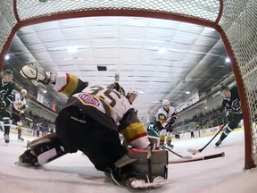 After shutting them out the game before, the Sherwood Park Crusaders ended up getting shutout 3-0 themselves by the Bonnyville Pontiacs at the Arena on Saturday night. Photo courtesy Target Photography
