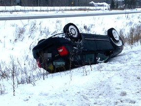 A car went off the highway and flipped over on Monday in the French River area.