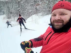 Walden Biathlon Club coach Jeff Moore in his element on the cross-country trails.