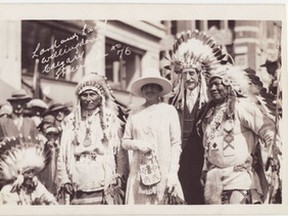 •	Governor General Lord Willingdon and Lady Willingdon among members of the Stoney Nakoda Nation during the 1928 Calgary Stampede of which the Willingdons were Stampede Parade Marshalls. The Stampede was part of their Western Canada tour, as was the Peace Country, including Peace River. Photograph: McDermid Photo Laboratories, No. 76; on postcard – Calgary Public Library, pc_125