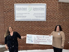 Allison Neilson-Sewell, left, receives the Catch the Ace 3.0 week 28 weekly prize of $5,666 from Pembroke Regional Hospital Foundation community fundraising specialist Leigh Costello.