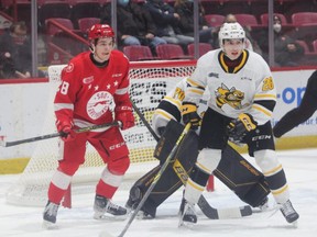 Soo Greyhounds forward Kalvyn Watson and Sarnia Sting defenceman Andrei Malyavin follow the action as Sting goaltender Ben Gaudreau is screened on the play. Watson contributed two helpers as the Hounds topped the Sting 5-3 in OHL action at the downtown rink on Saturday night.