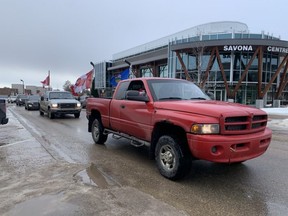 The special council meeting was delayed more than 30 minutes on Thursday, Feb. 10 due to a small circling convoy outside of the Community Centre as well as a small crowd that gathered outside of council chambers. The meeting decided how the county would react to the province dropping some COVID-19 restrictions. Lindsay Morey/News Staff