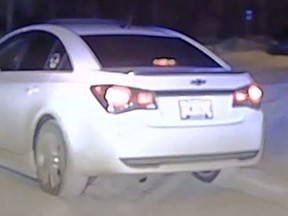A newer white Chevrolet Impala or Cruze, which was spotted parked on the Sherwood Drive and Highway 16 overpass at 1:34 a.m. on Feb. 6, evaded police three times. A check of the licence plate, CGM2624, determined the vehicle had been reported stolen from Edmonton in September 2020. Photo Supplied
